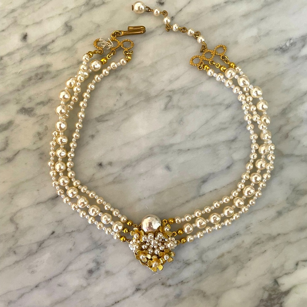 Miriam Haskell Vintage Pearl and Gold Floral Choker Necklace